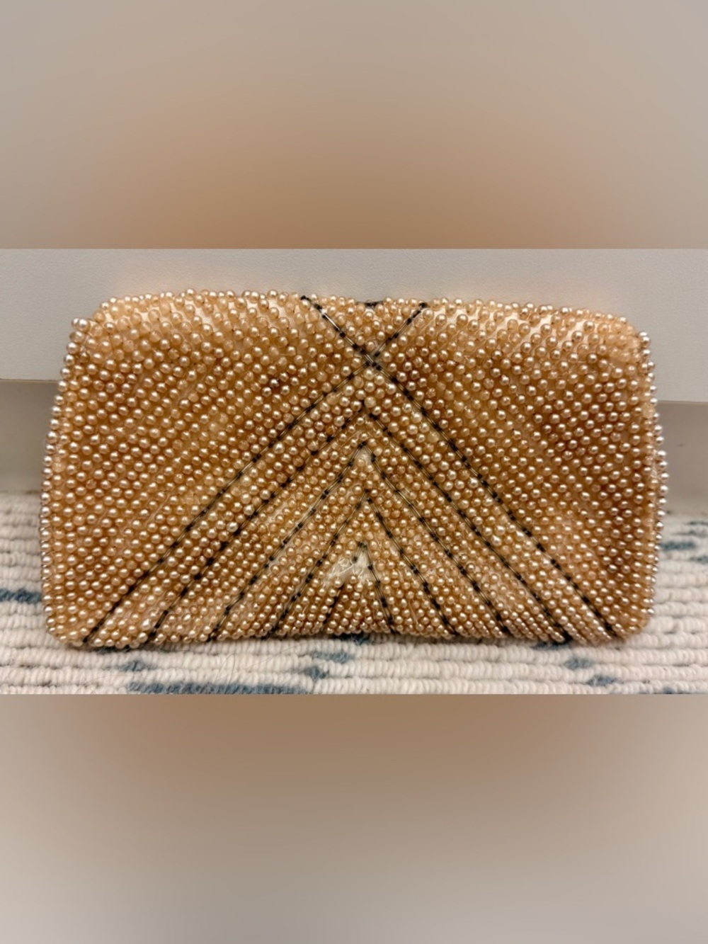 RICCI Vintage 50’s/60’s Creamy Faux Pearl Chevron Beaded Envelope Clutch Purse - Picture 2 of 16